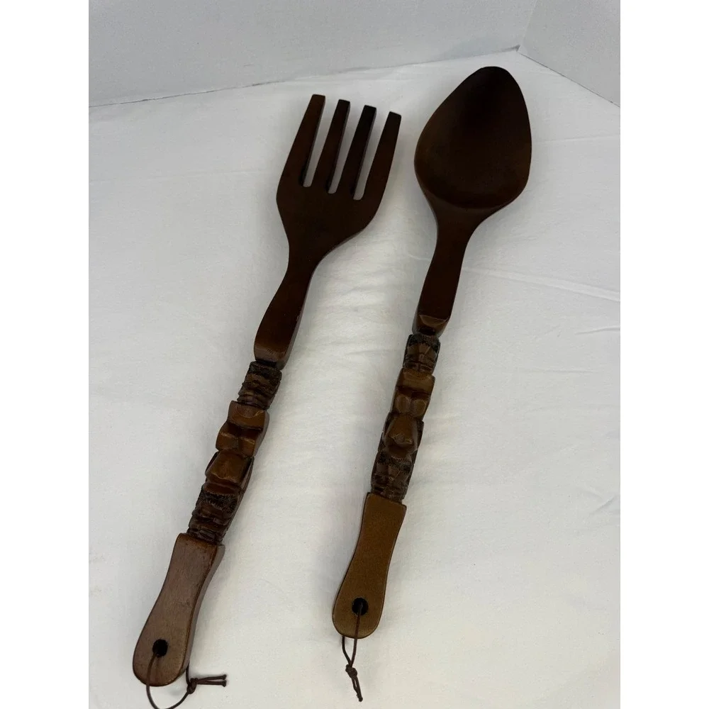 Vintage Hand Carved Wooden Tiki Totem Salad Serving Set‎ Fork Spoon Wall Decor